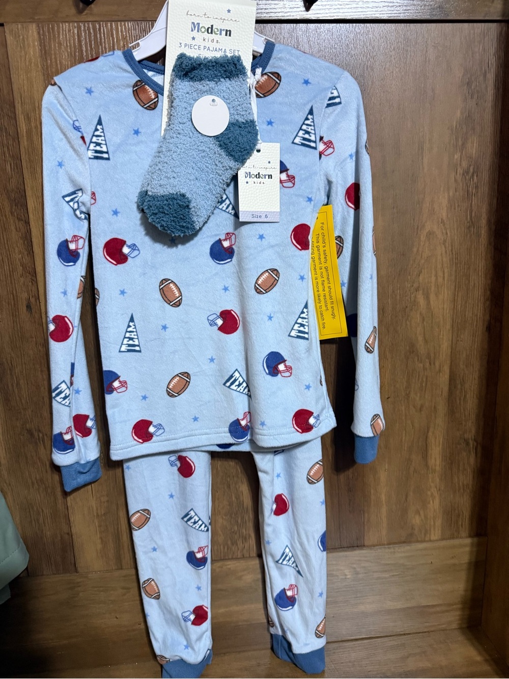 Kids Light Blue Football Pajama Set with Cozy Socks